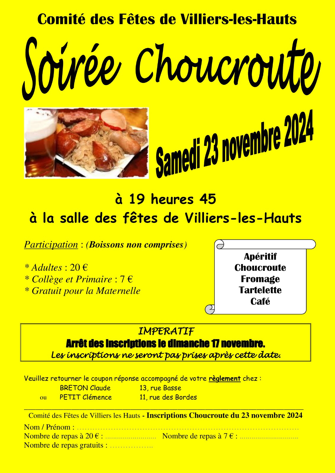 Soirée choucroute Villiers-les-Hauts
