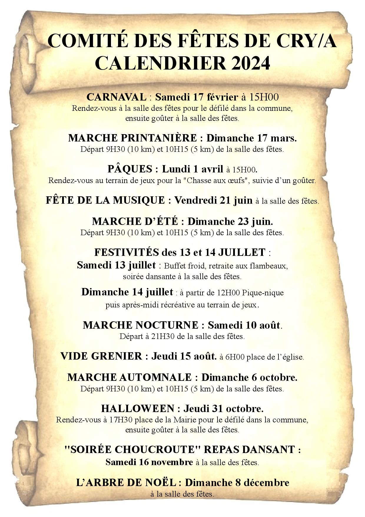 (2024) Année 2024 - Calendrier des fêtes Cry-sur-Armançon