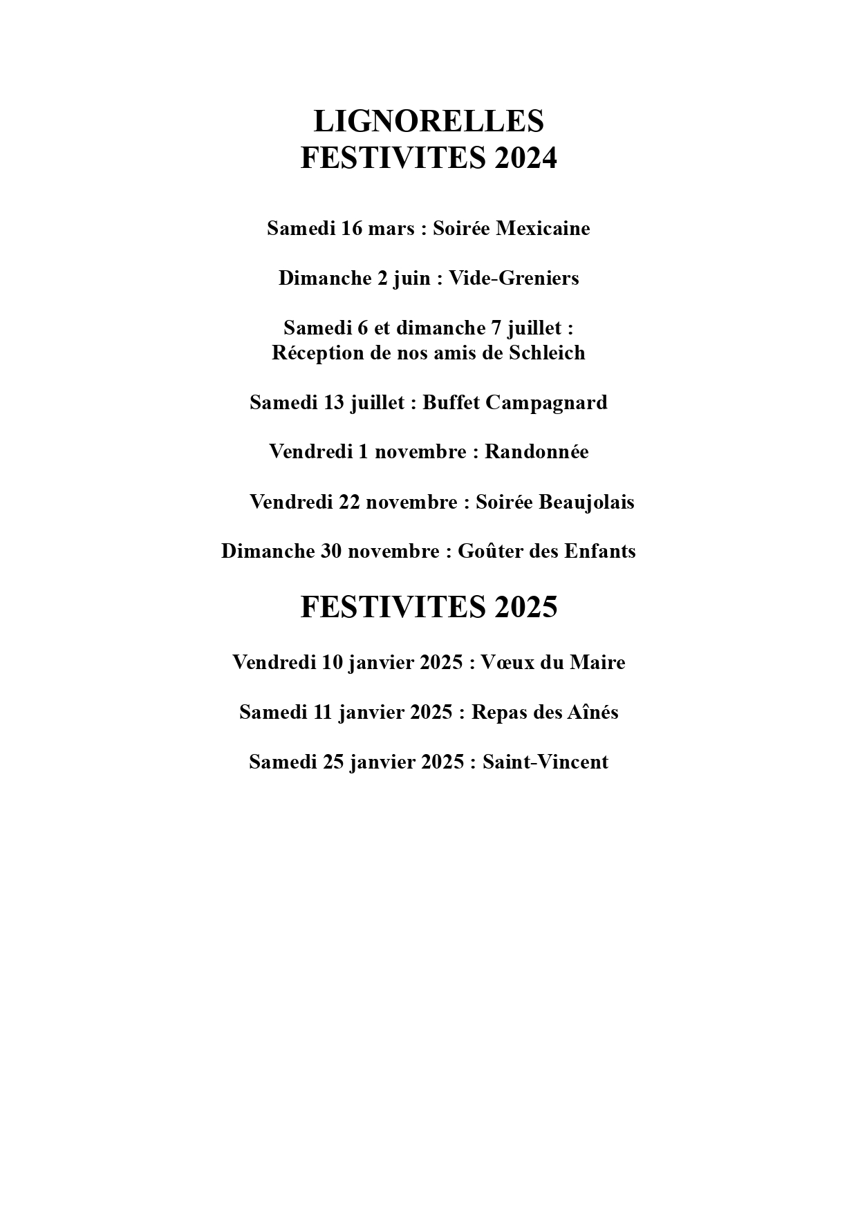 (2024) Année 2024 - Calendrier des fêtes Lignorelles