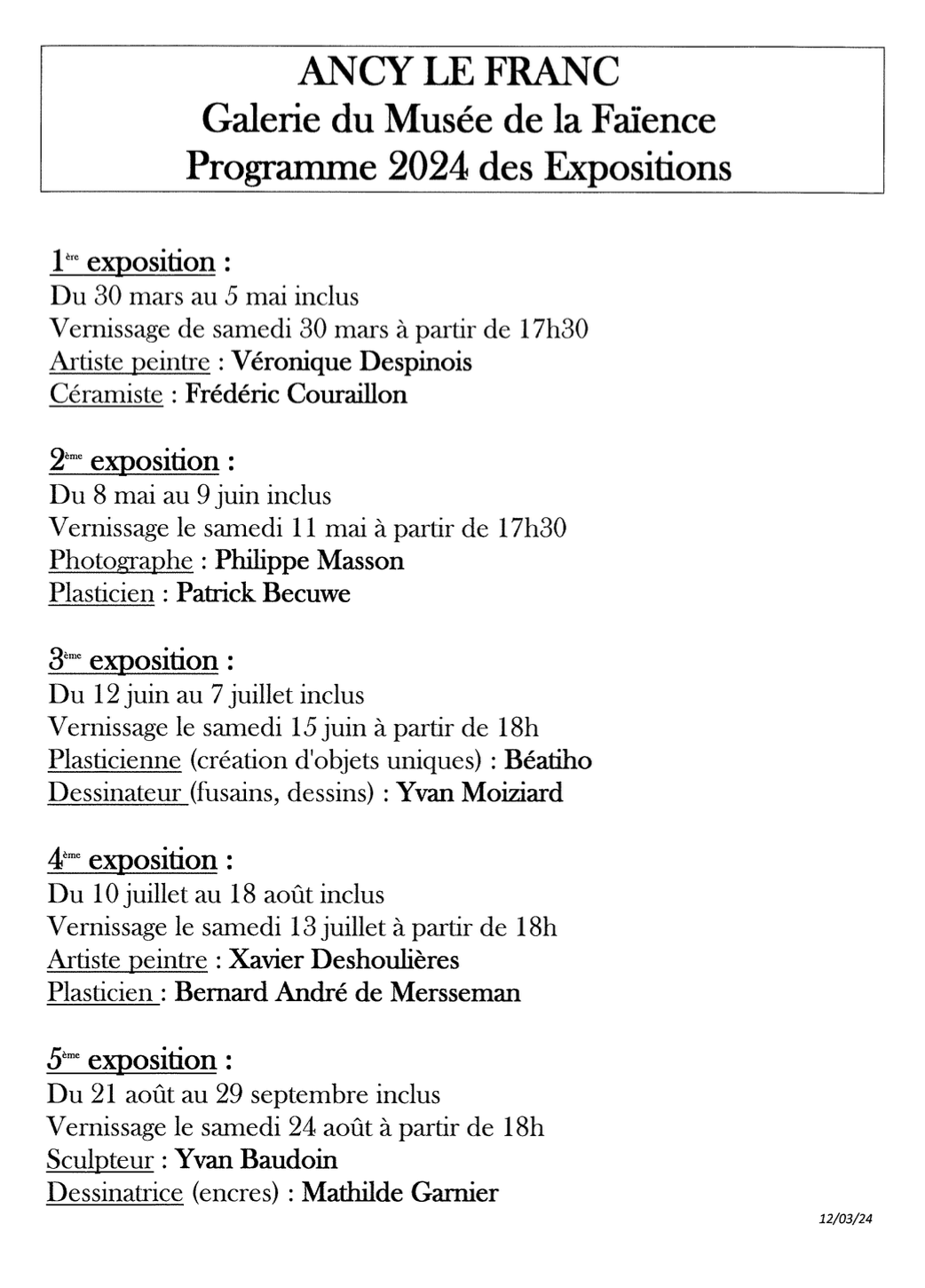 (2024) Année 2024 - Expos Galerie Musée Ancy-le-Franc