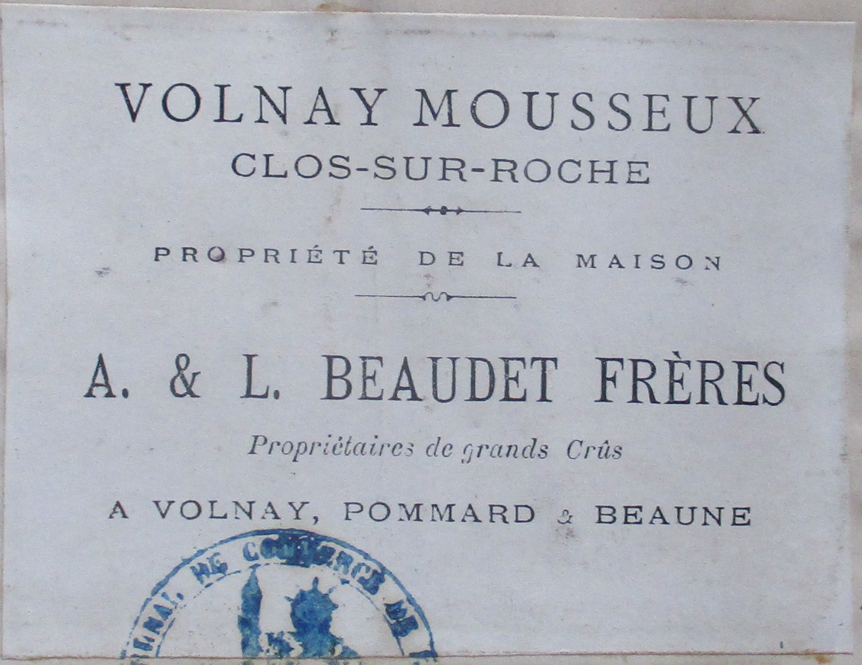 Etiquette Volnay Mousseux Clos sur Roche, 1884