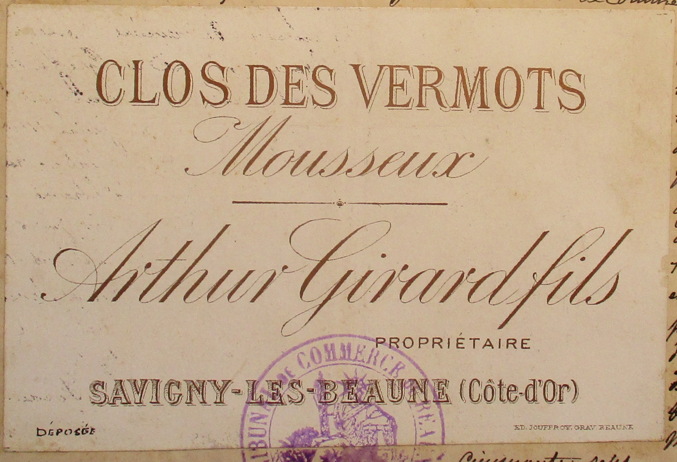 Etiquette Clos des Vermots mousseux, Savigny-lès-Beaune, fin XIXe siècle