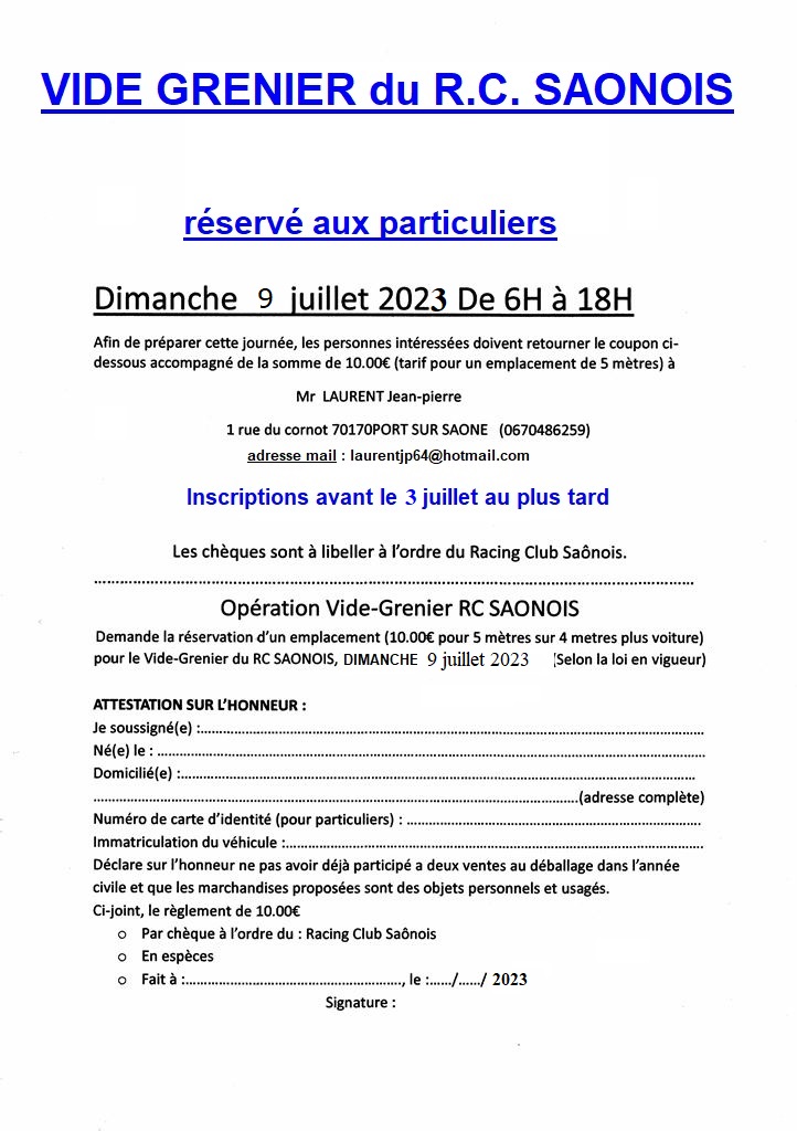 1 formulaire vide grenier du 10 juillet 2022 RCS