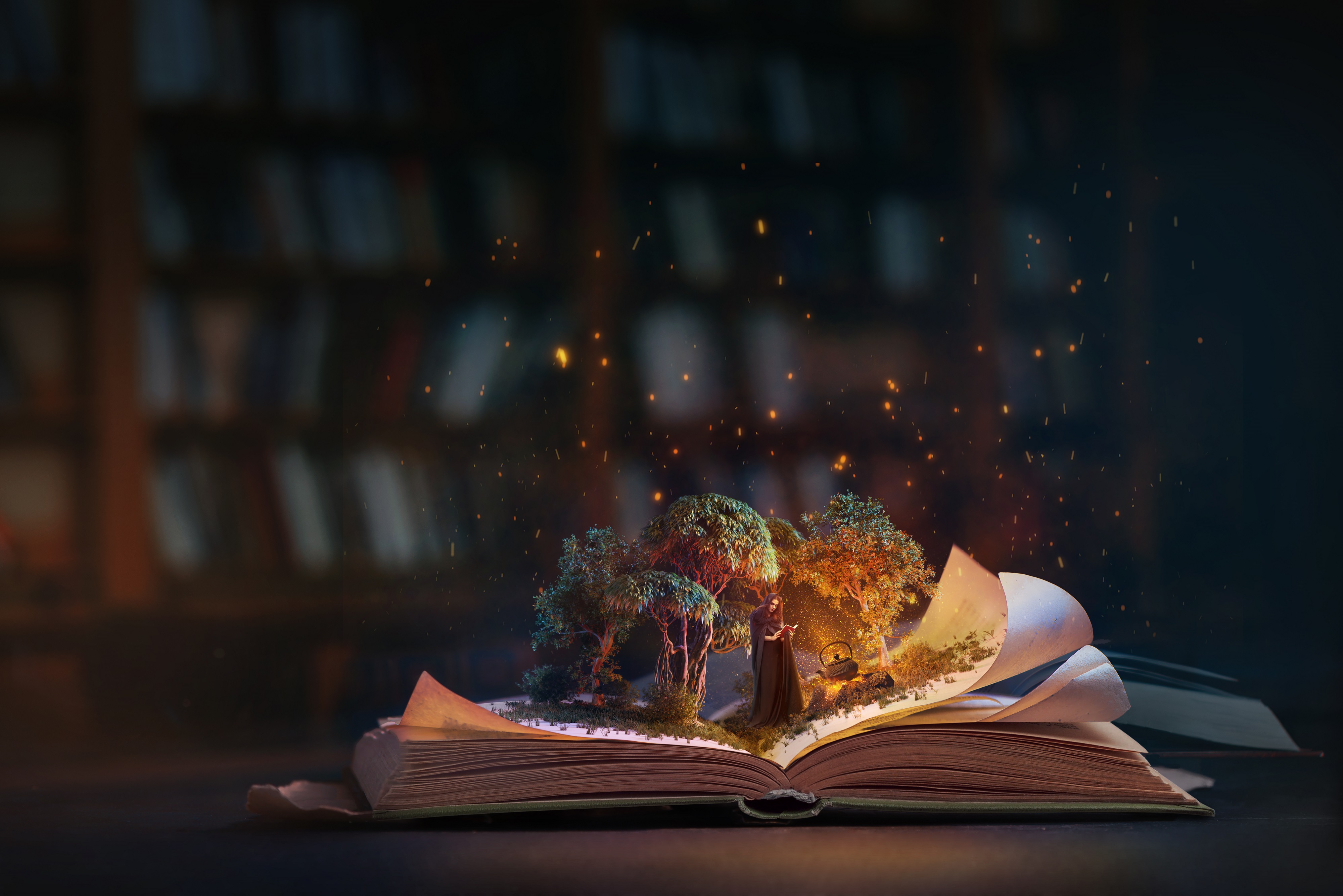 An open book with lighting by a star inside a lightbulb. Night reading conceptual still life with copy space.