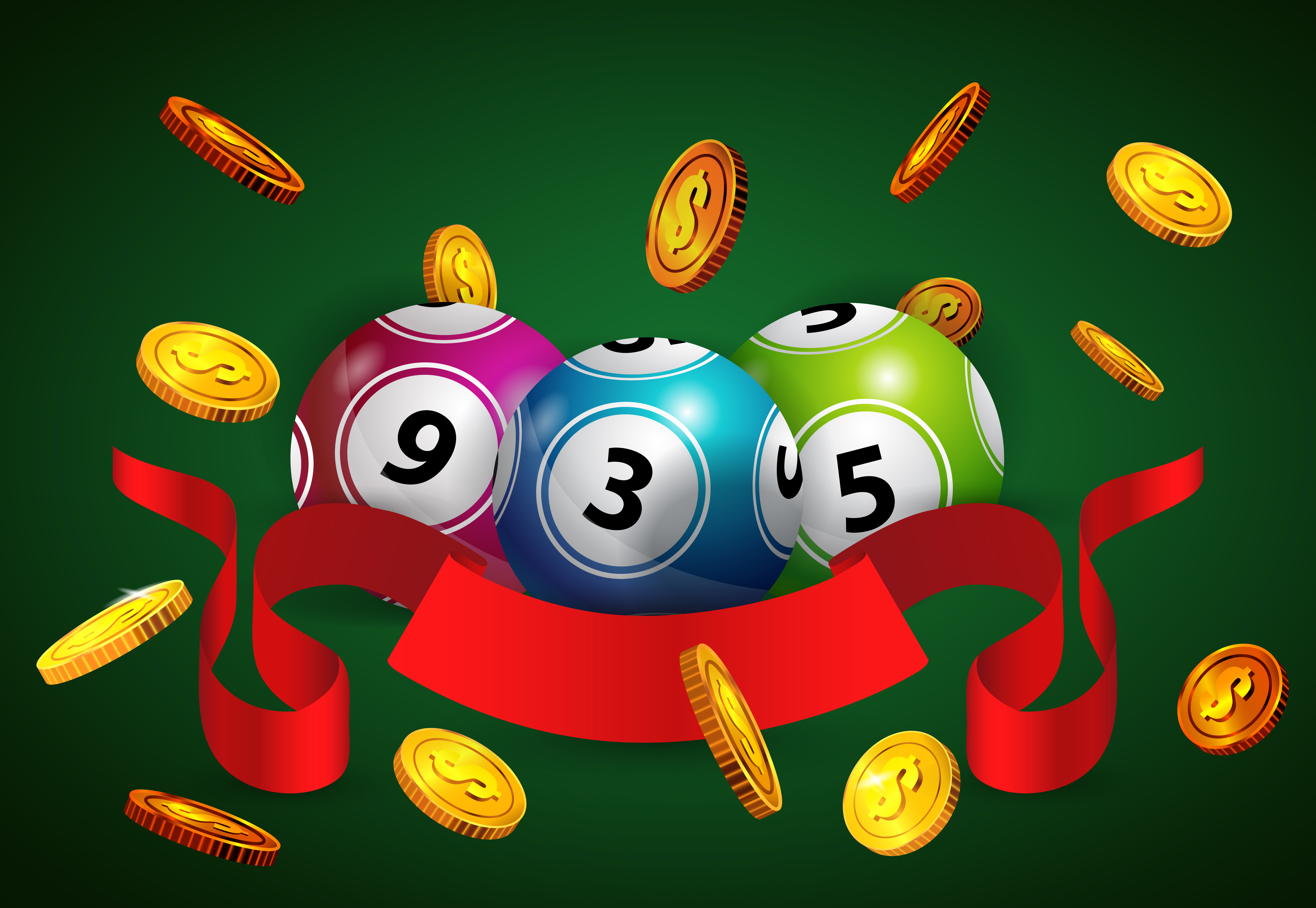 Lottery balls, flying golden coins and red ribbon