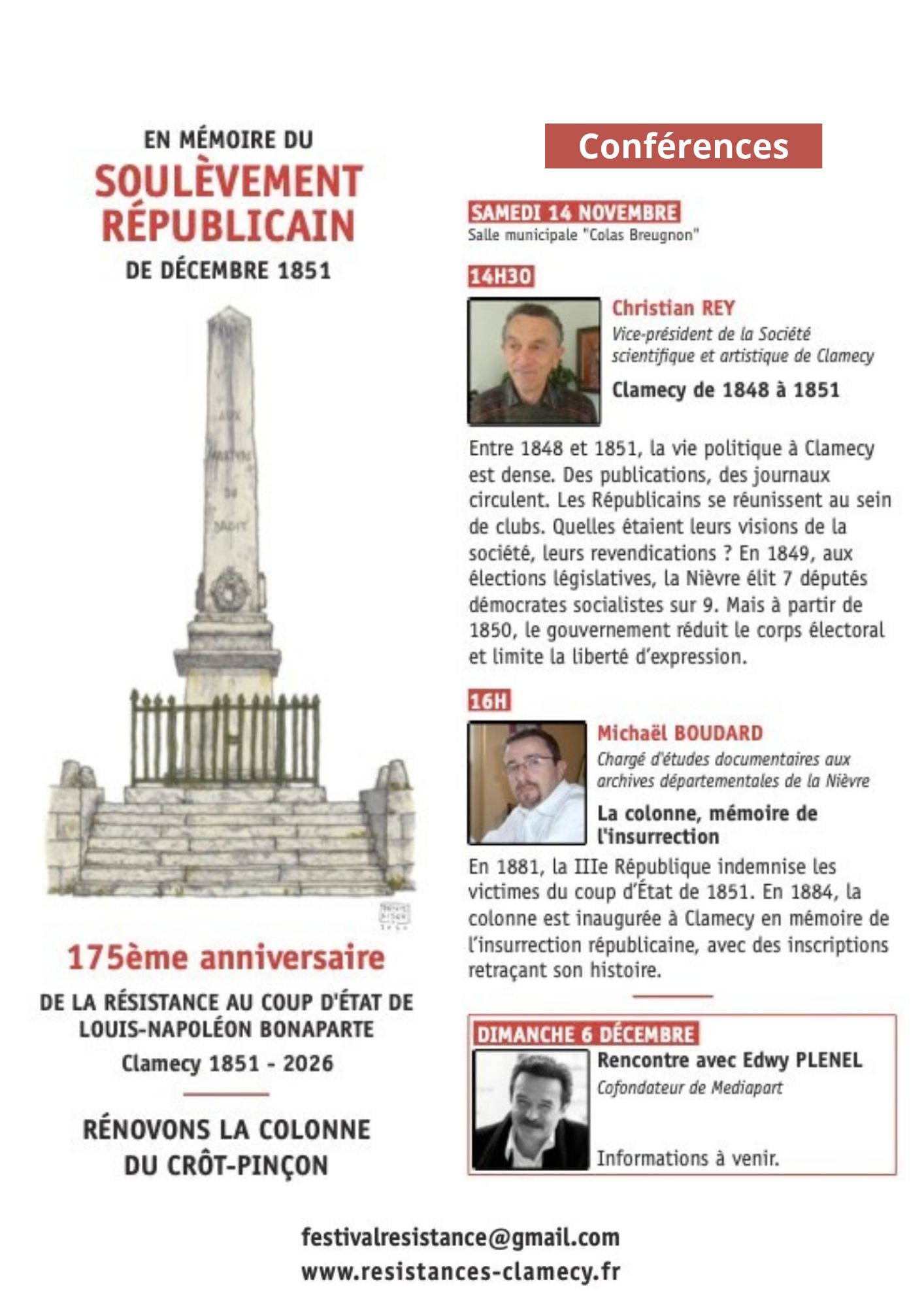 Conférences "Clamecy de 1848 à1851" et "La colonne, mémoire de l'insurrection"