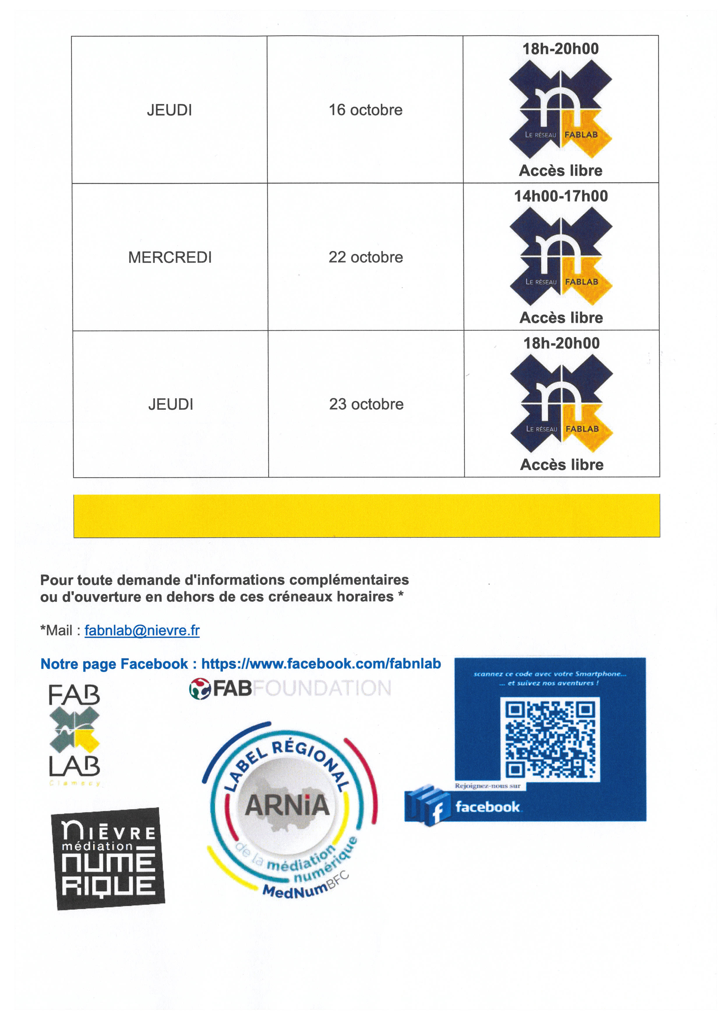 16 au 23 octobre 2025 - Horaires d'ouverture du Fablab - Clamecy