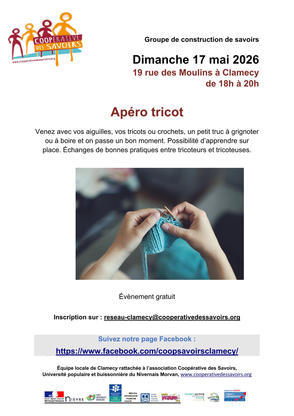 La Coopérative des Savoirs propose : Apéro tricot — visuel événement