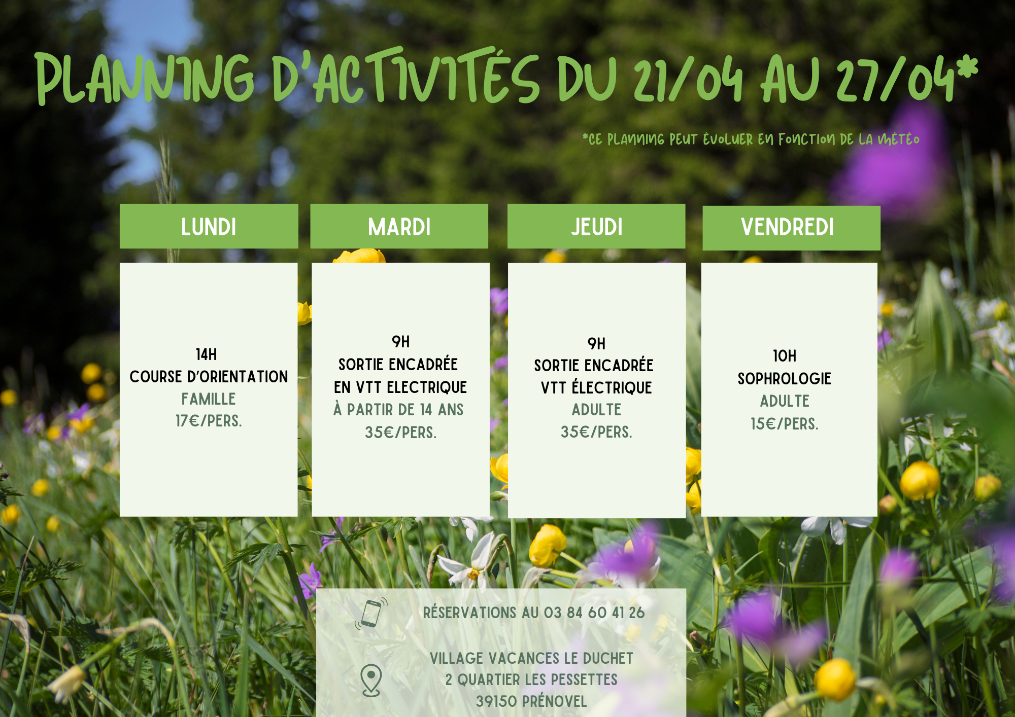 Planning d'activités 21 au 27 avril 2025