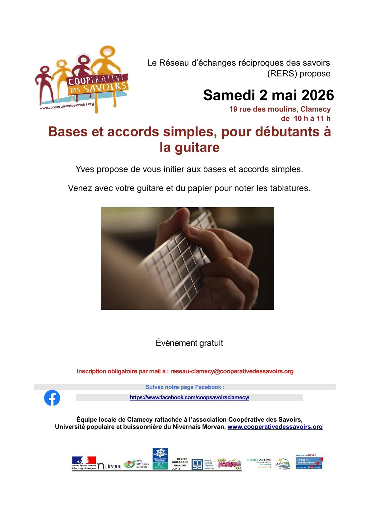 La Coopérative des savoirs  propose : Bases et accords simples pour débutants à la guitare — visuel événement