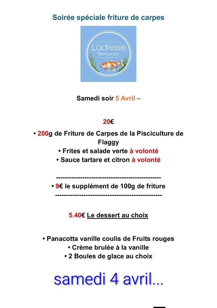 Soirée friture de carpe à l'Adresse à Rioz 