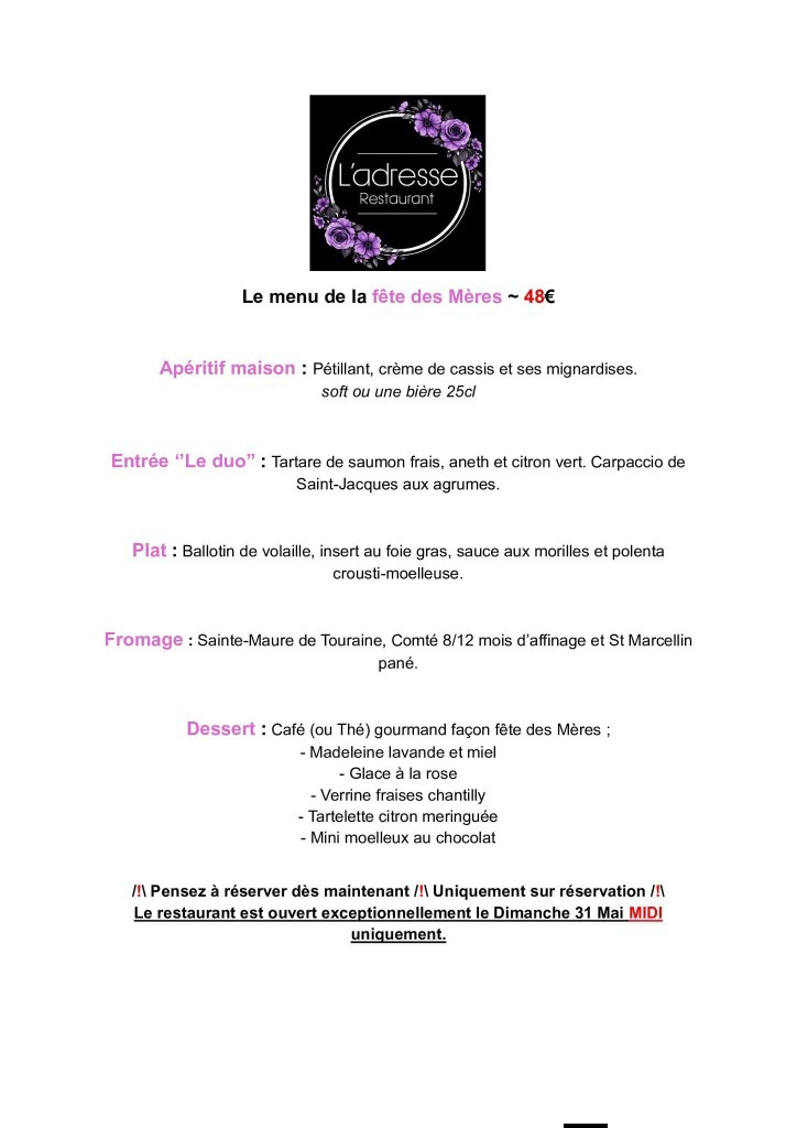 Menu spécial fete des mères à l'Adrese à Rioz