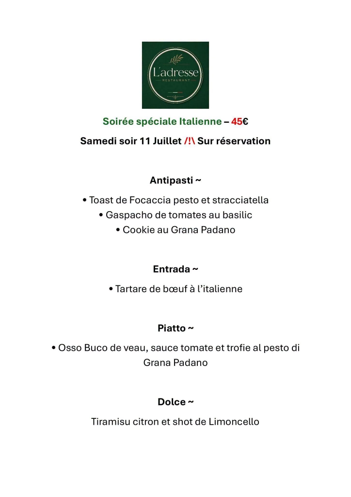 Soirée italienne et menu à l'Italienne restaurant l'Adresse