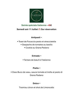 Soirée italienne et menu à l'Italienne restaurant l'Adresse