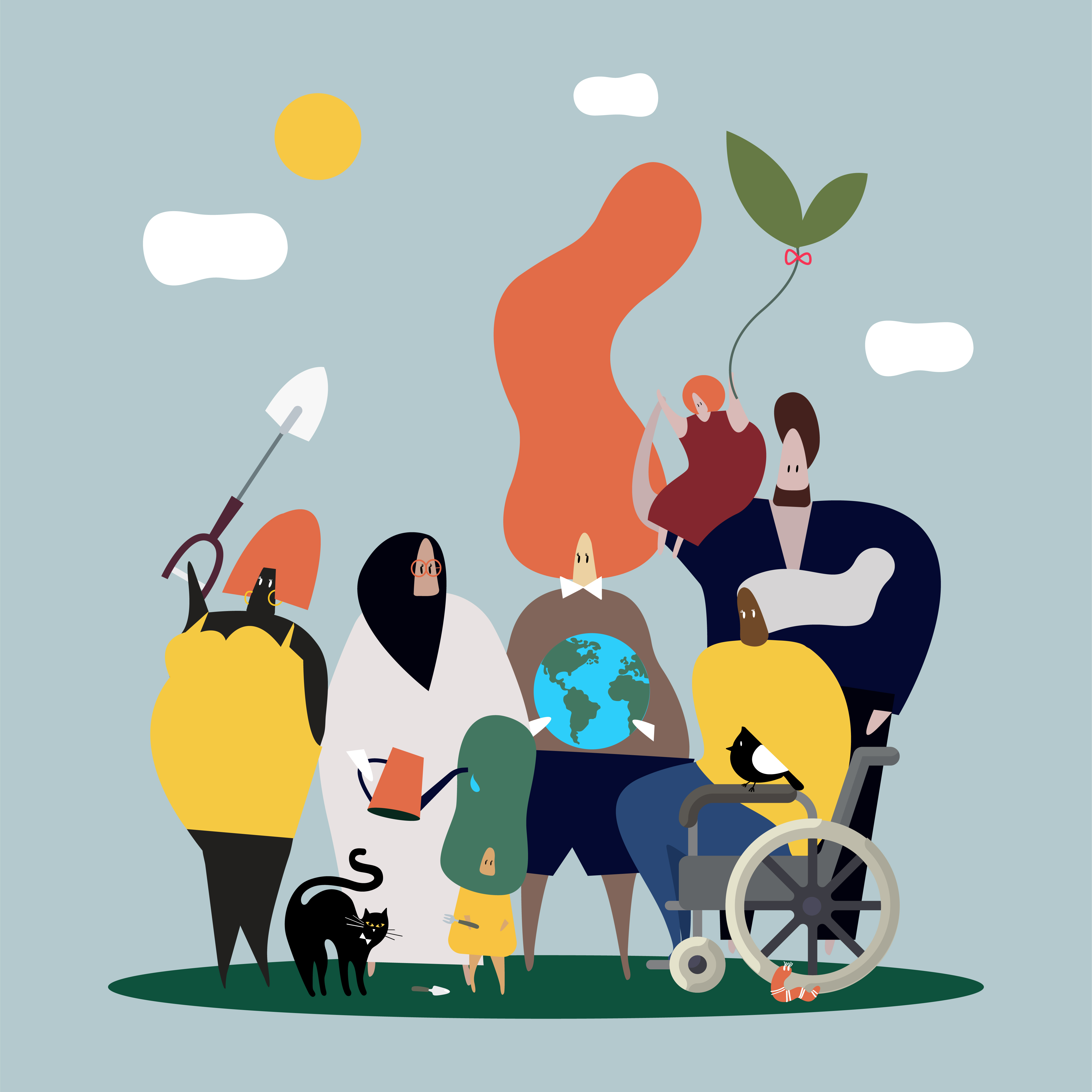 Diverse people and global nature illustration