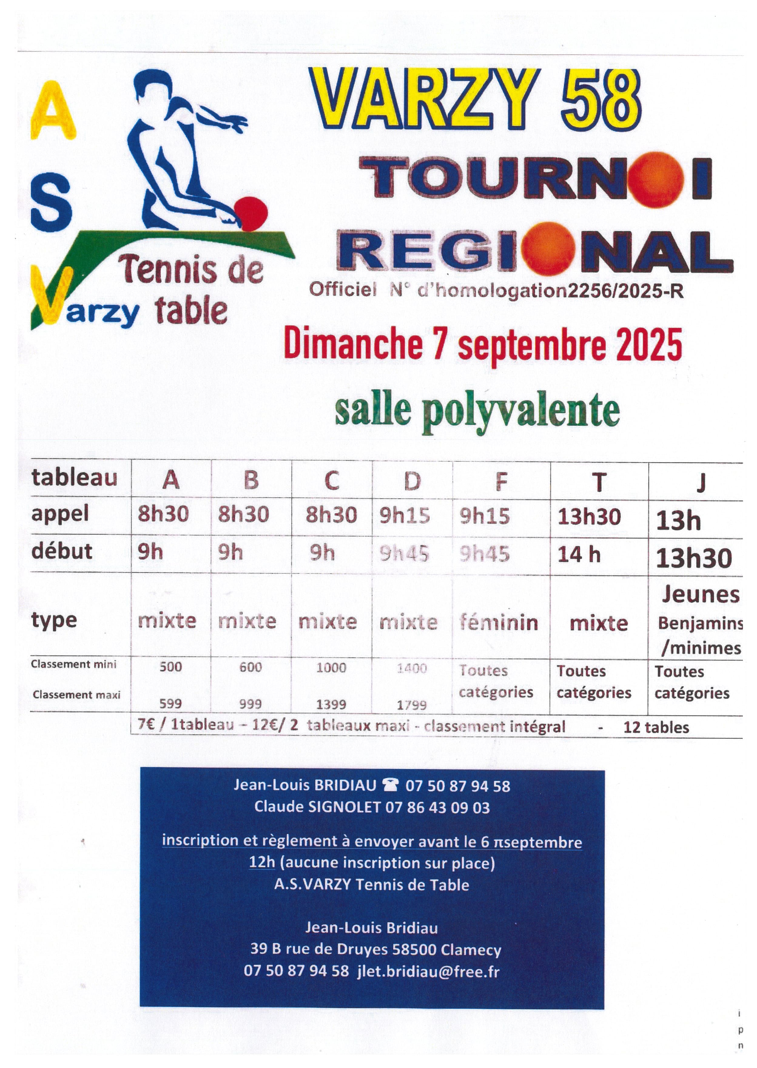 7 septembre 2025 - Tournoi régional de tennis de table - Varzy