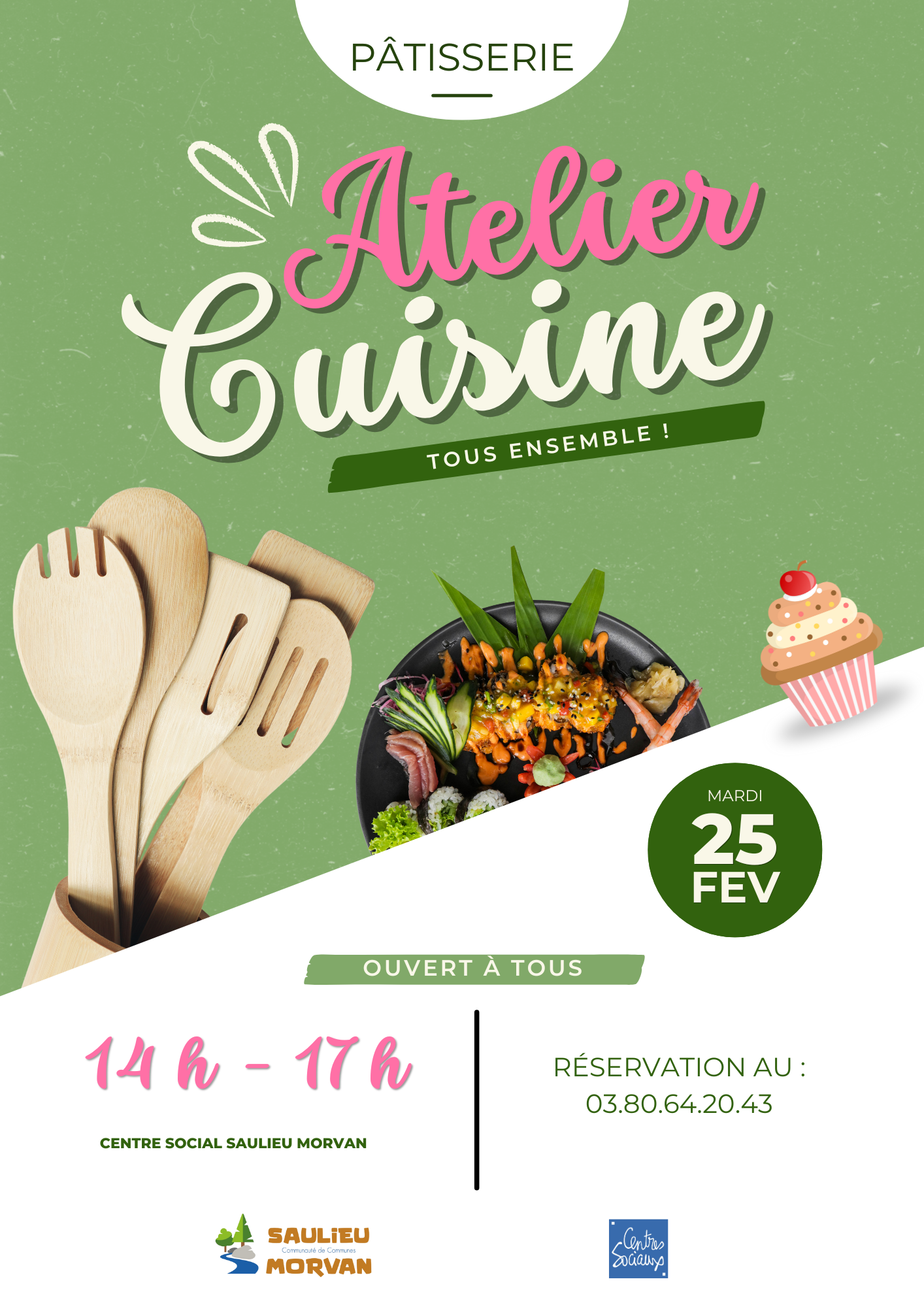 Affiche Atelier Cuisine Moderne Illustré Vert Rose Blanc - 1