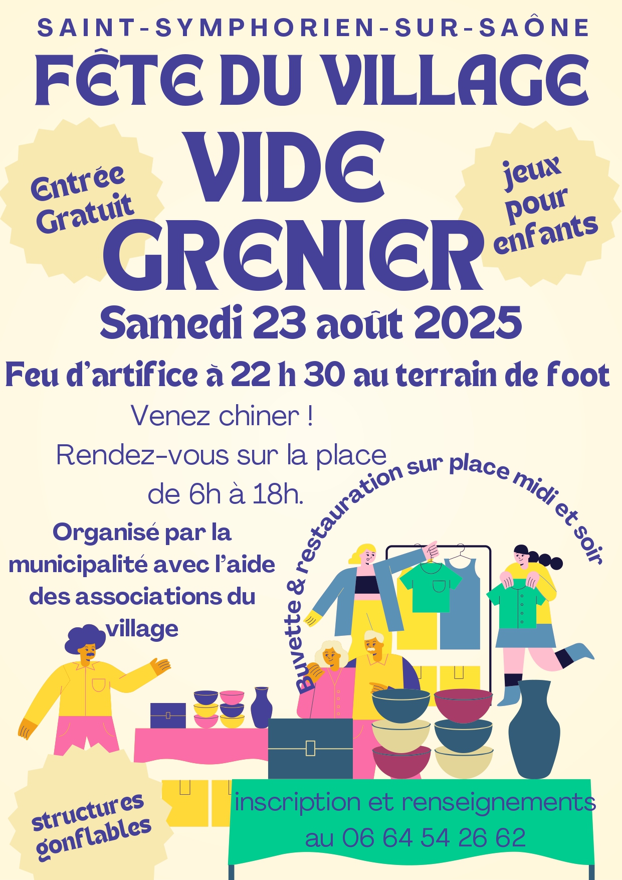 Affiche flyer vide grenier marché au puces brocante vente meubles objets seconde main illustratif moderne joyeux beige violet rose_page-0001