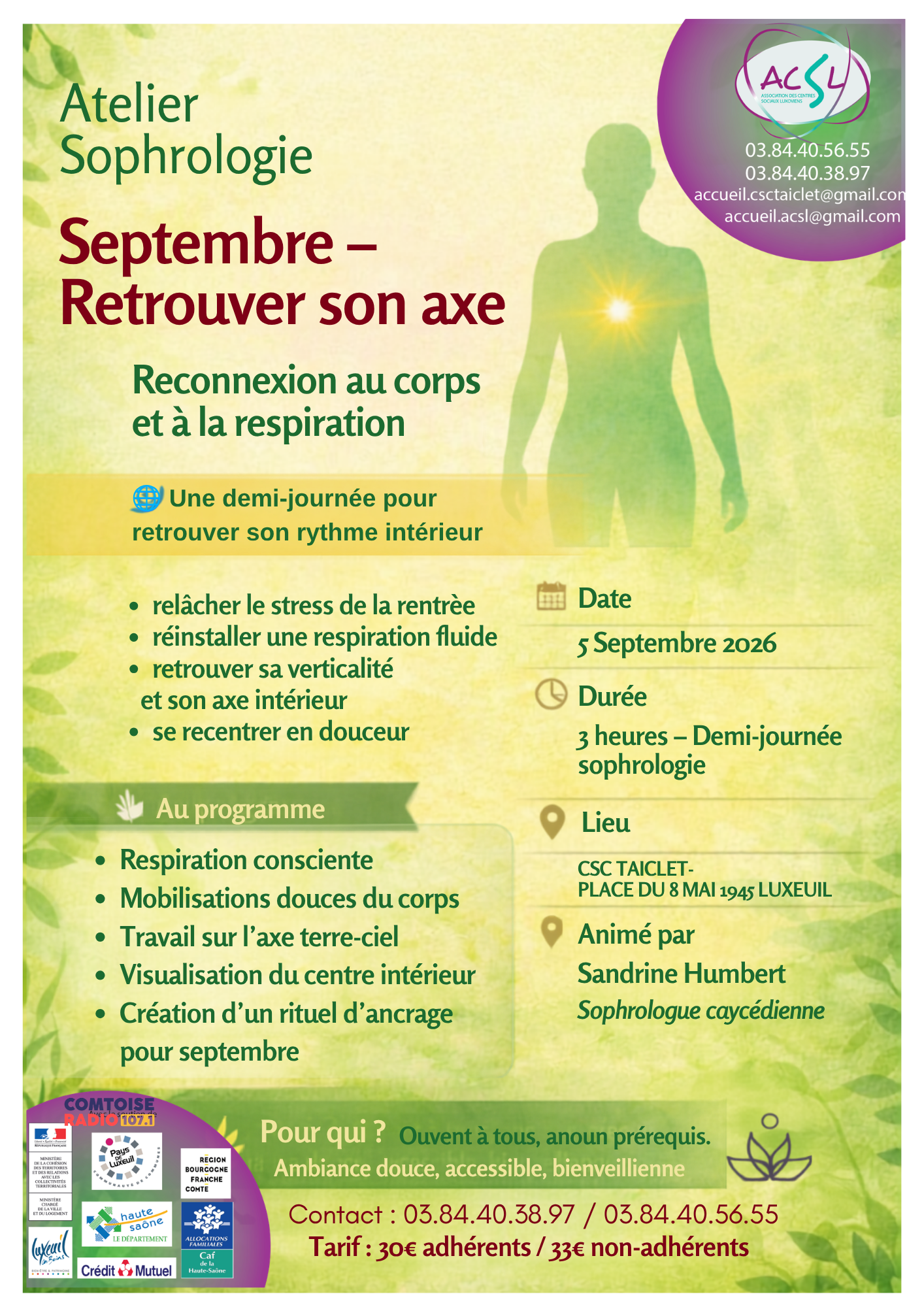 Samedi 5 septembre 2026 : Atelier Sophrologie - Retrouver son axe