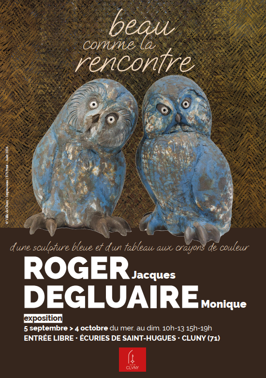 Exposition Beau comme la rencontre d’une sculpture bleue et d’un tableau aux crayons de couleur