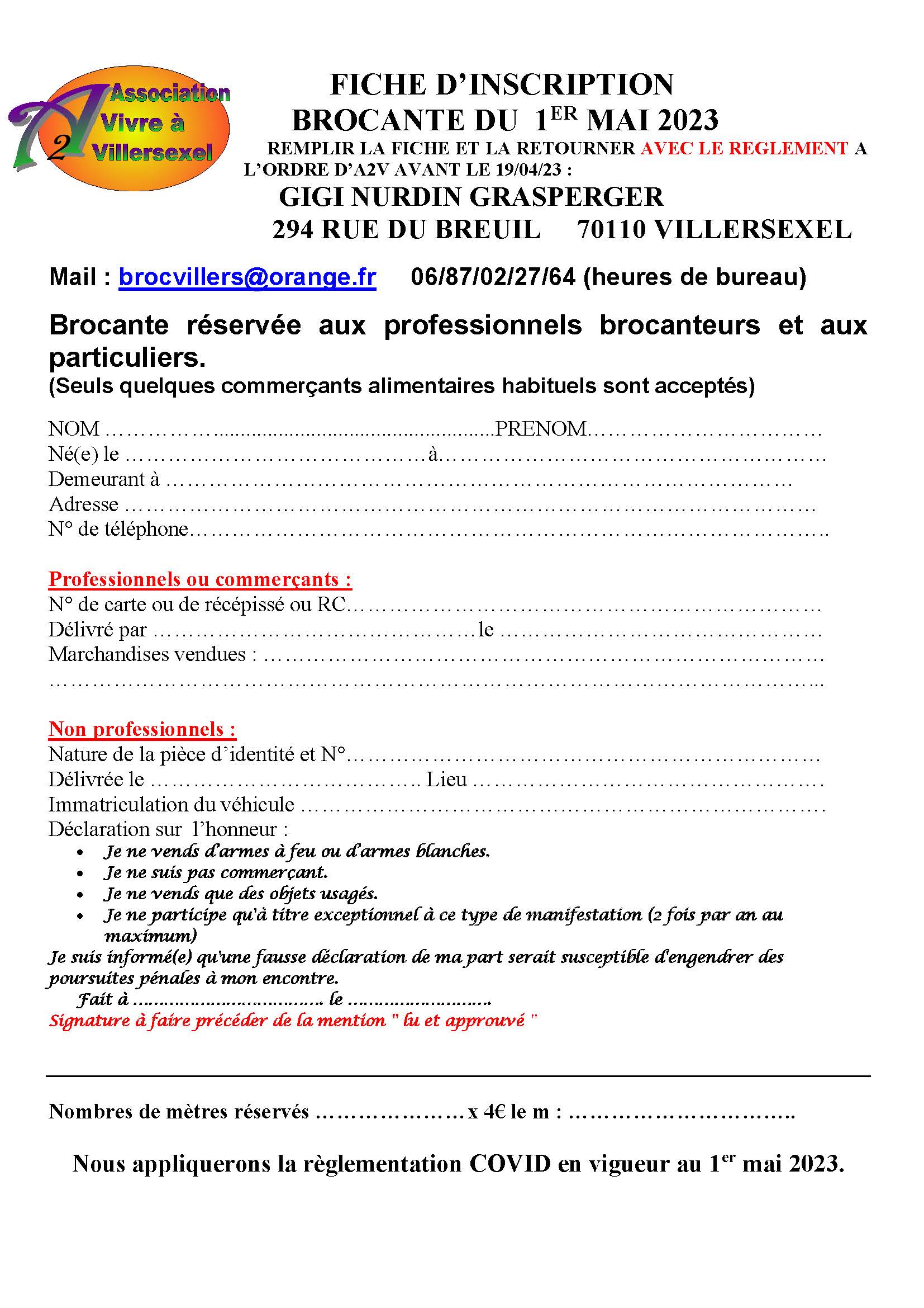 FICHE D'INSCRIPTION Brocante Villersexel