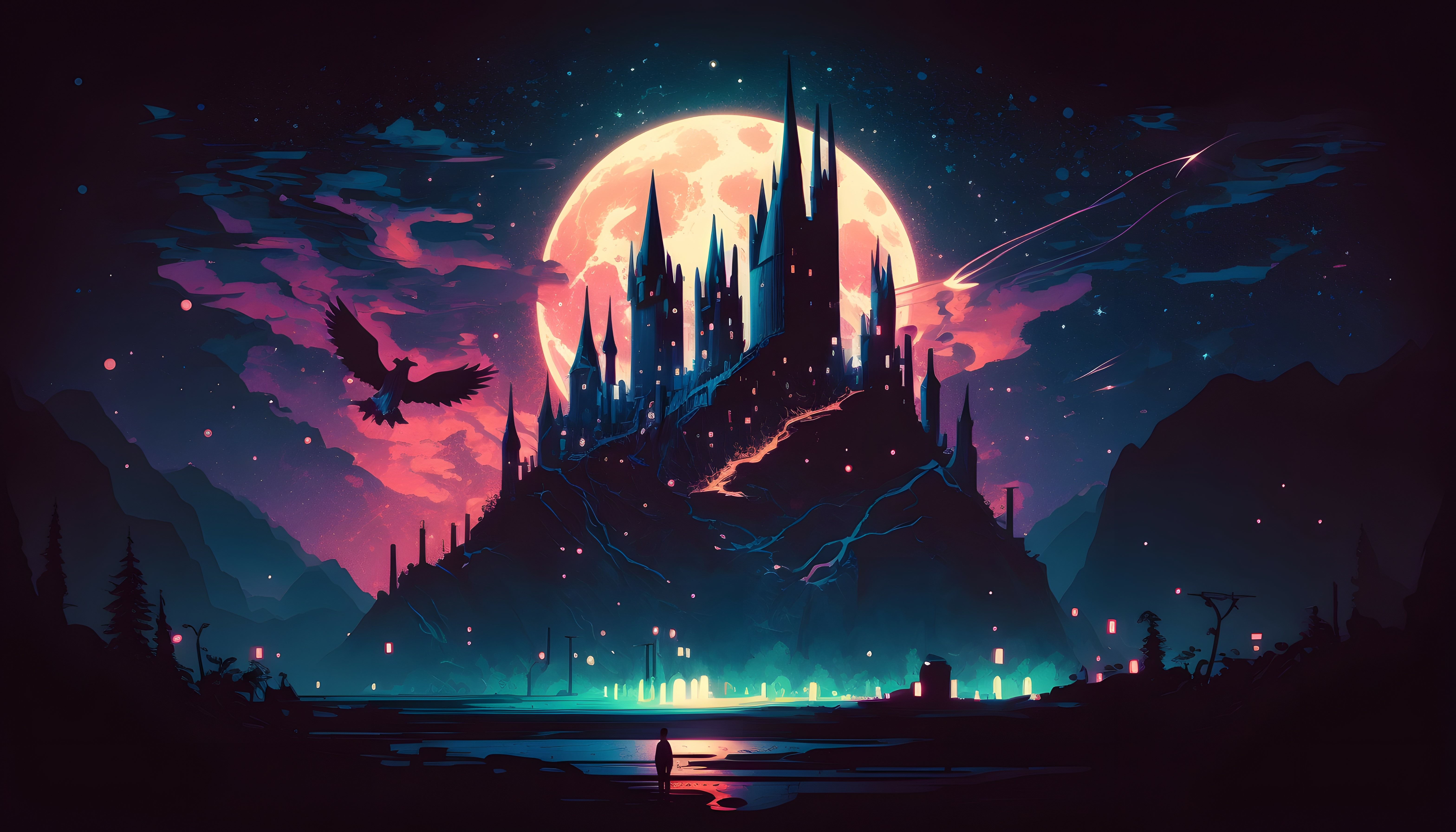 harry potter, hogwarts, magic, stars, moon light ,neon ,cyberpunk ,minimalistic