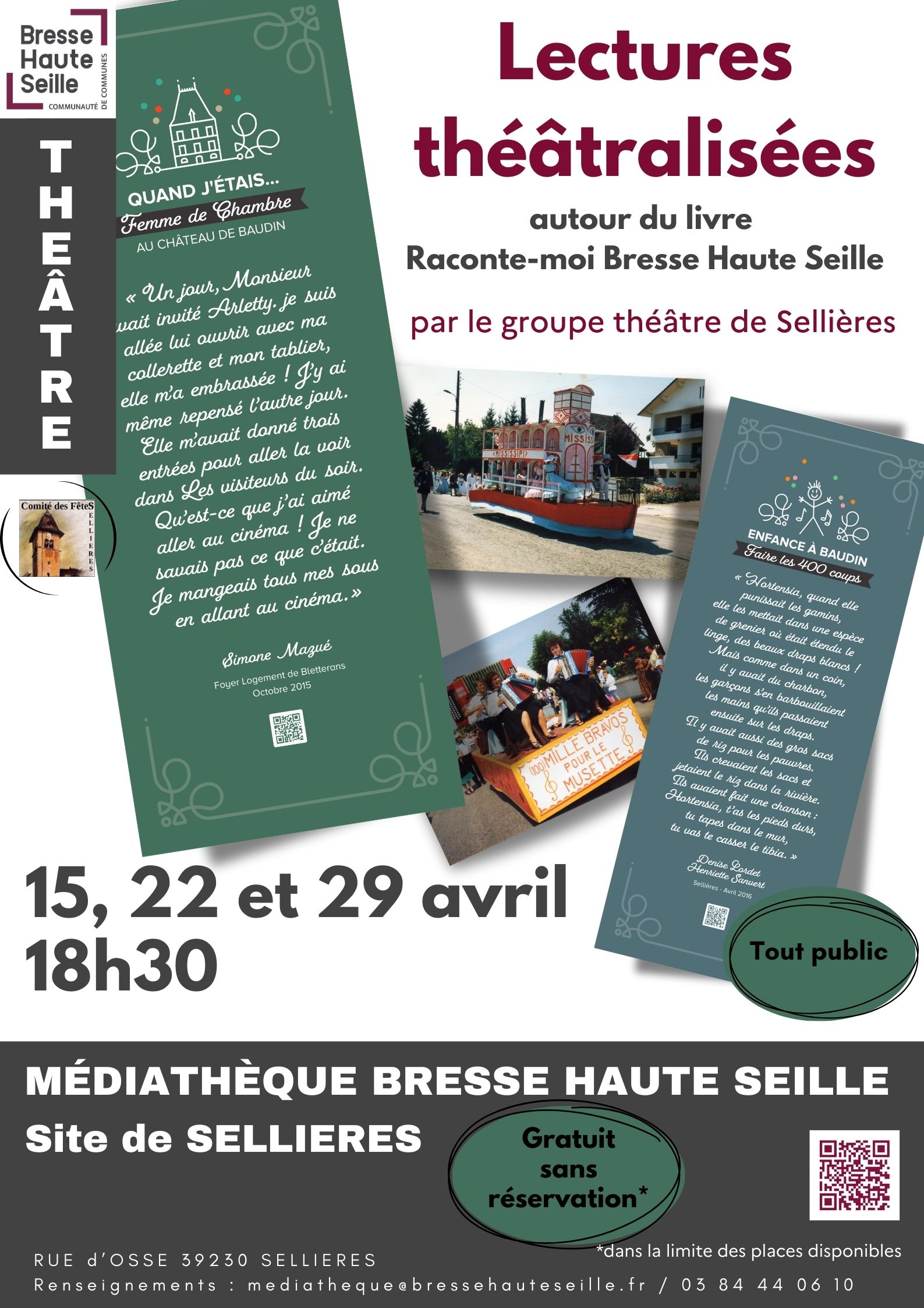Affiche lectures théâtralisées Sellières avril 2025