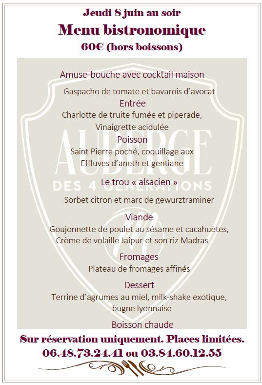 Menu Bistronomique Auberge des 4 générations