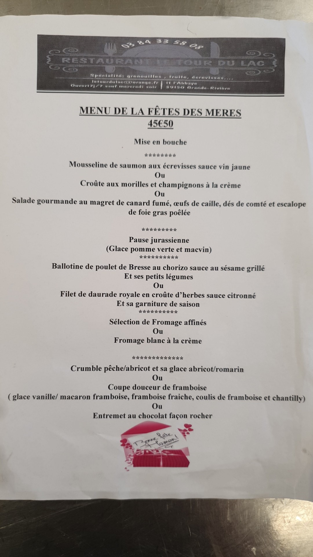 Menu fête des mères Le tour du lac