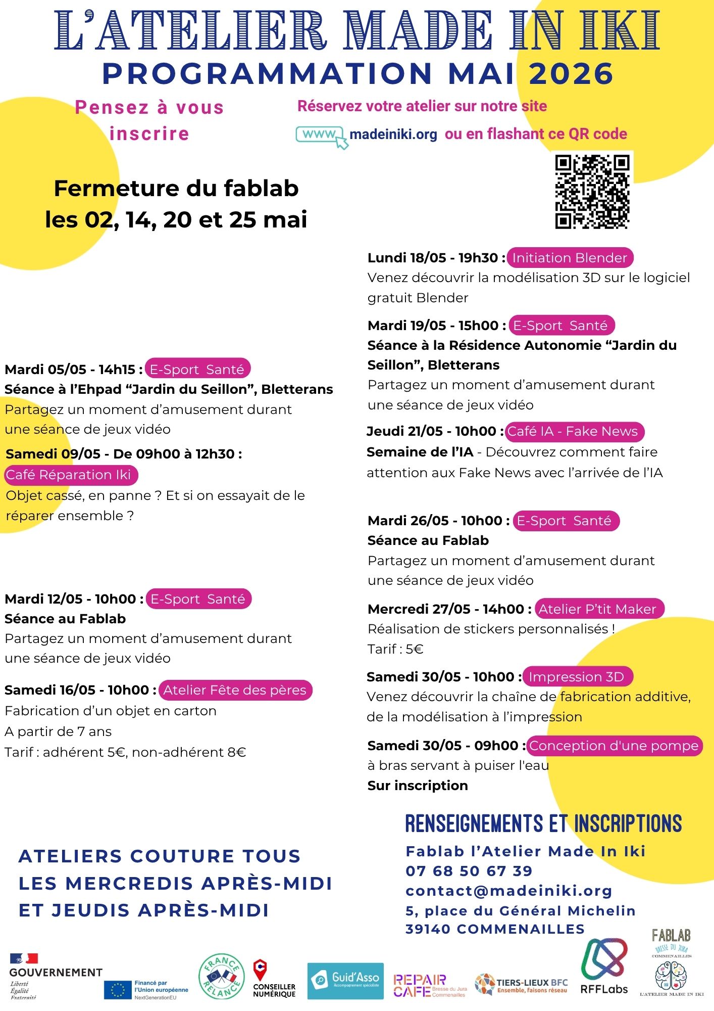 Programmation ateliers Fablab mai 2026