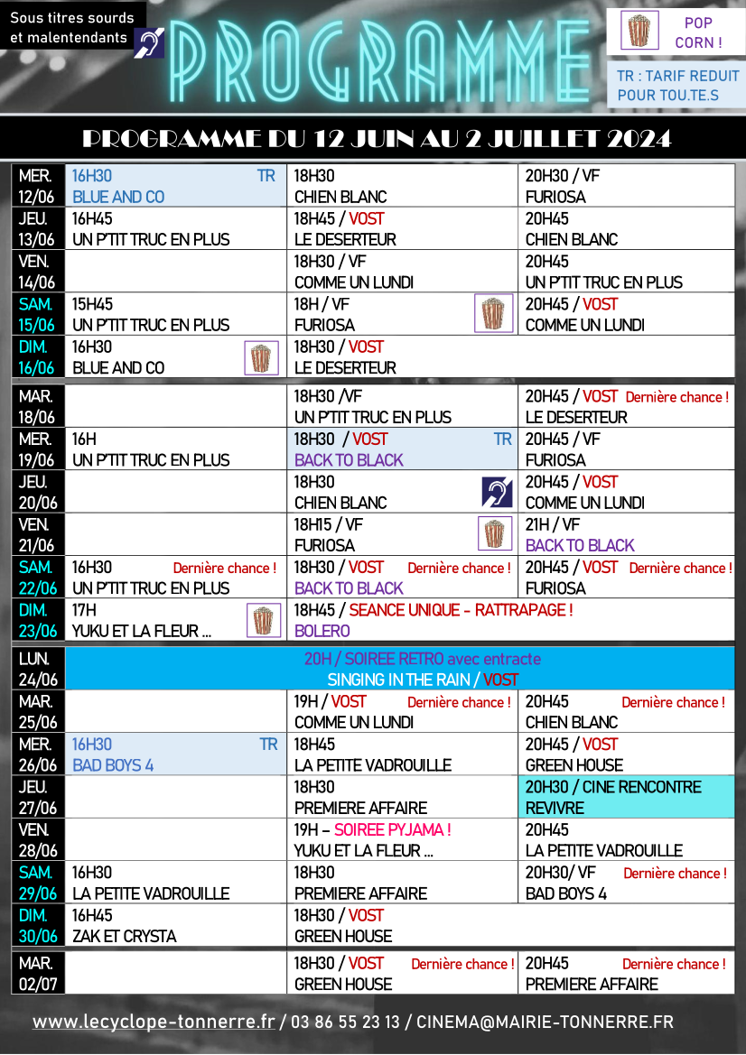Programme Ciné Tonnerre 12juin-2juillet