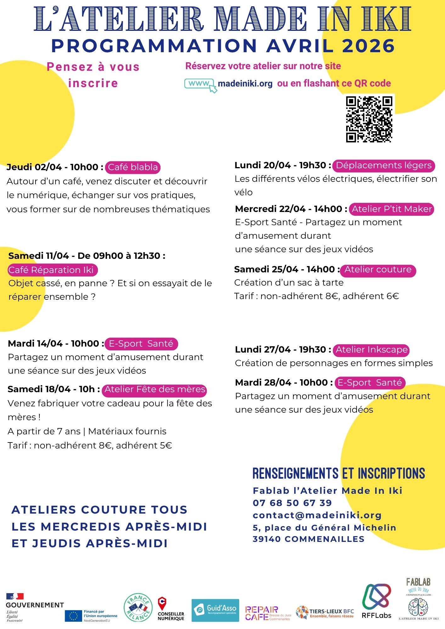 Programmation ateliers Fablab avril 2026