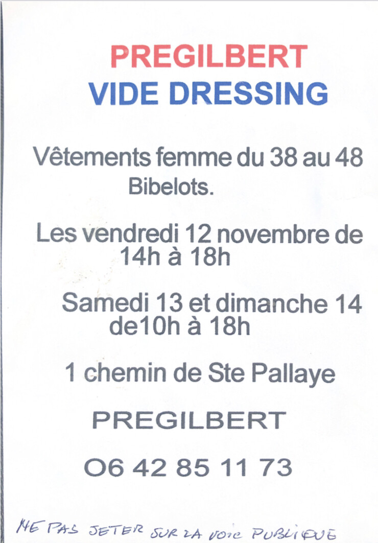 Vide dressing Prégilbert du 12 au 14 nov