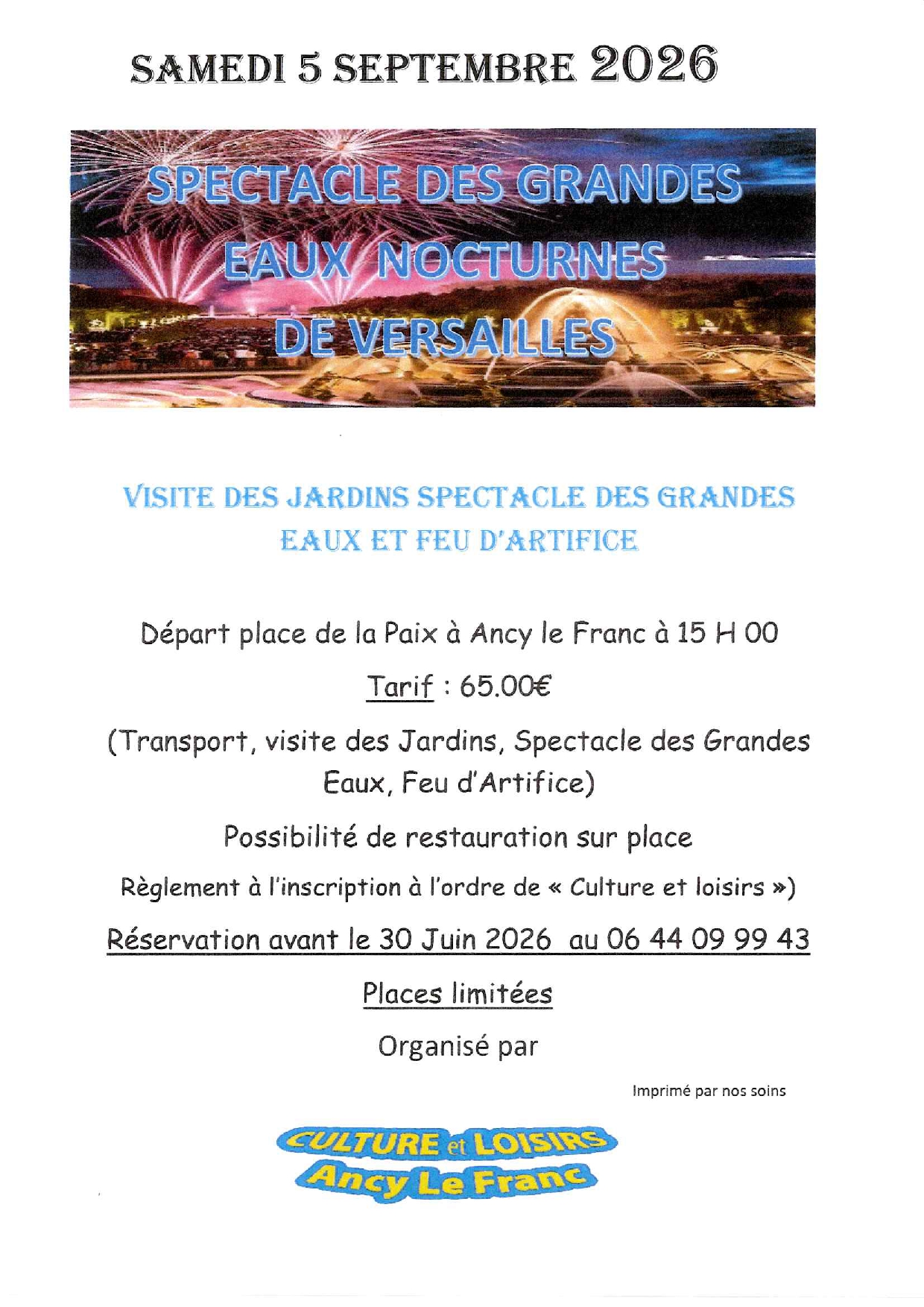 Départ à Ancy-le-Franc pour LES GRANDES EAUX NOCTURNES 2026 à Versailles