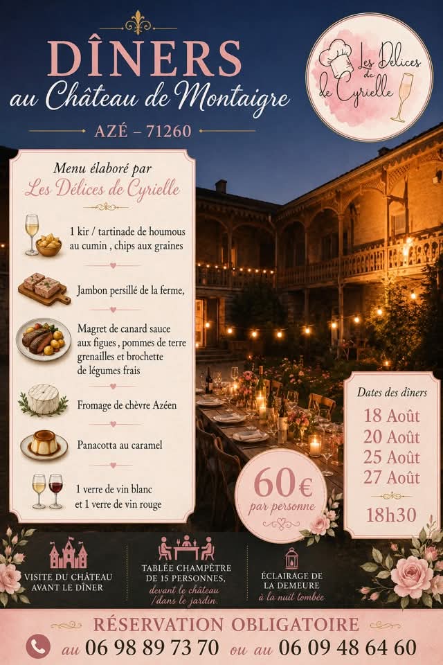 Dîners champêtres 10 convives. Château de Montaigre