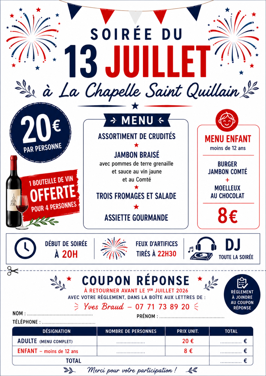Repas et feux d'artifice La Chapelle st Quillain