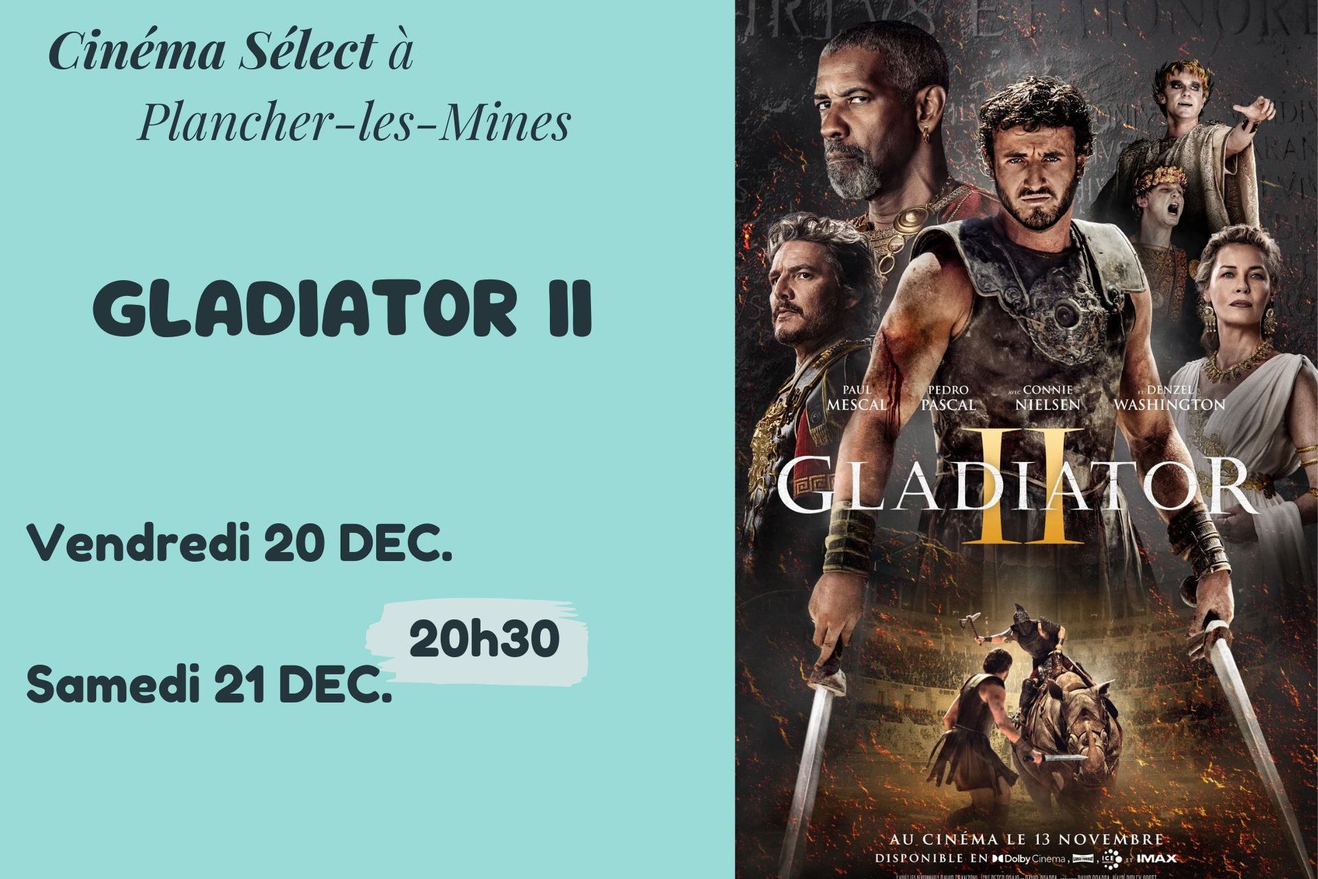 Film "Gladiator 2" au CINEMA SELECT  PLANCHER-les-MINES