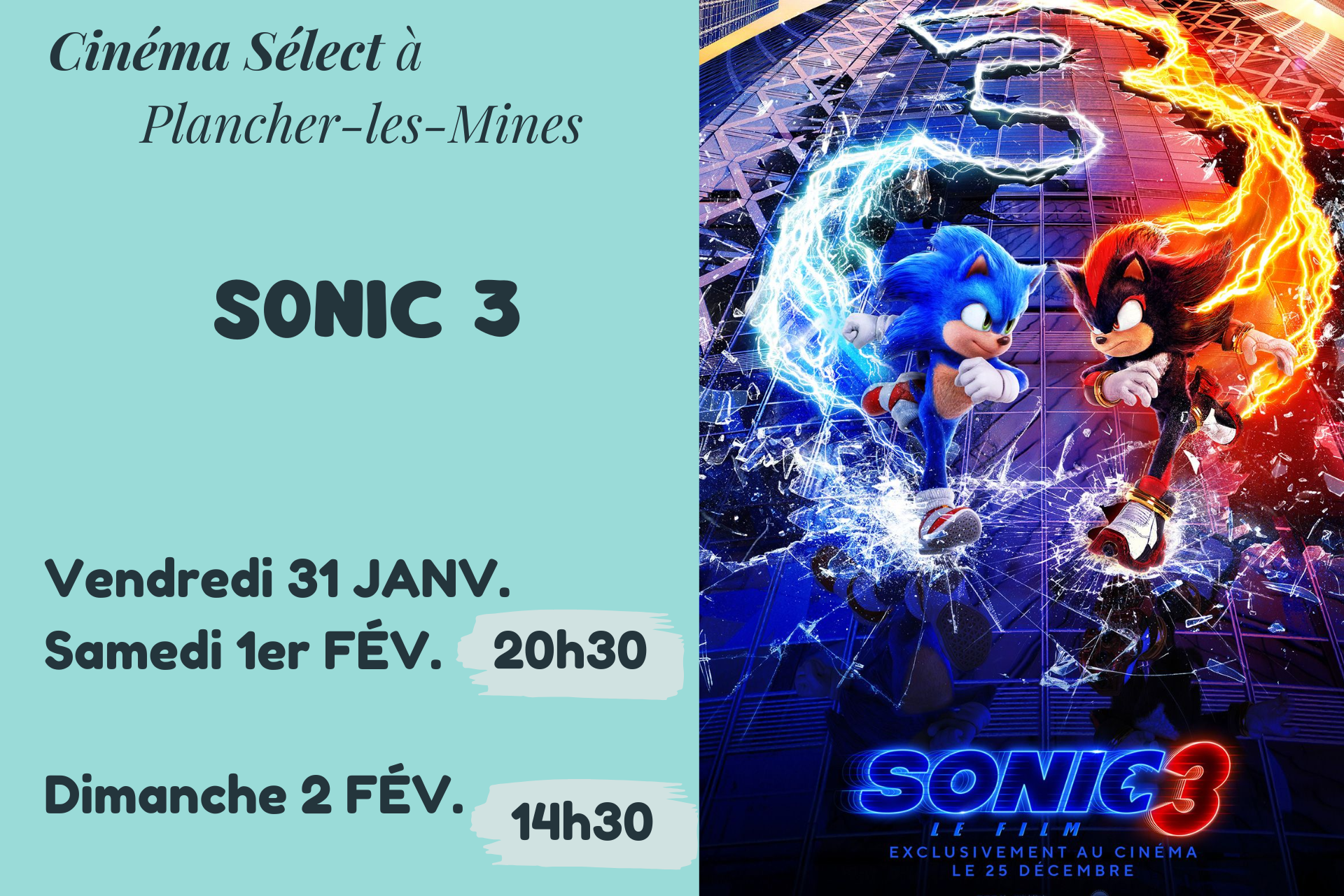 Film "SONIC 3" au Cinma SELECT  PLANCHER-les-MINES