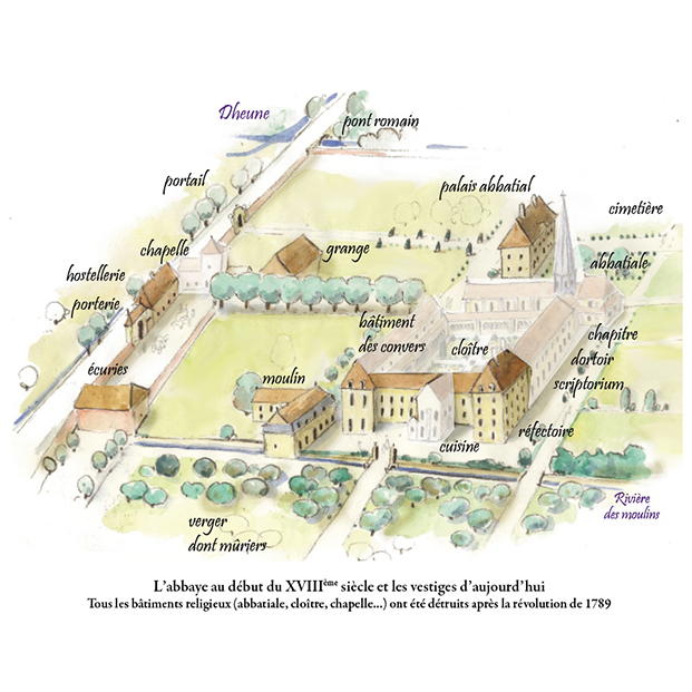 L'abbaye du début du XVIIIe siècle et les vestiges aujourd'hui