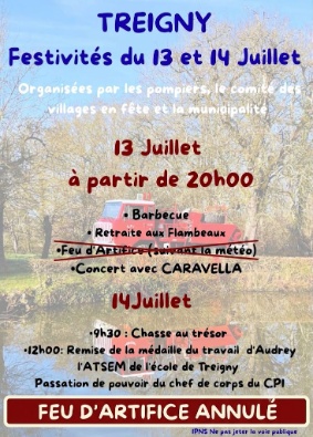 Les festivités sont maintenues à Treigny, le feu d'artifice est annulé.